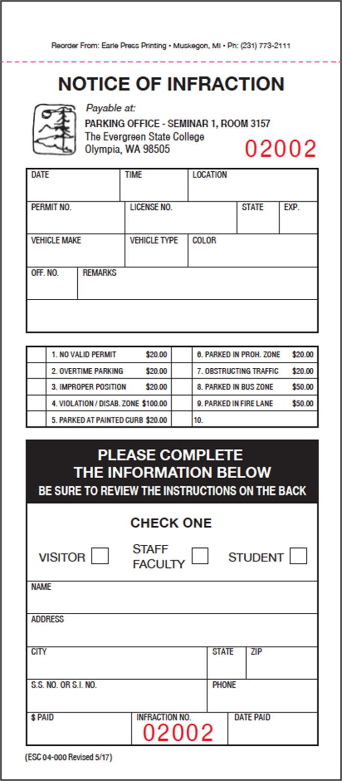 2 Part Ticket Books - Notice of Infraction - Sets of 1000