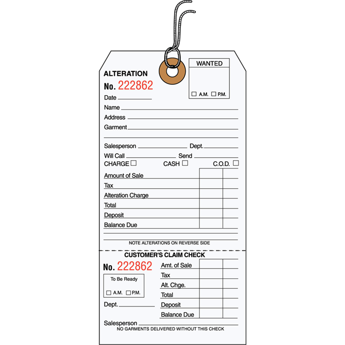 Alterations Hang Tag with Looped String, Numbered, 3-1/8