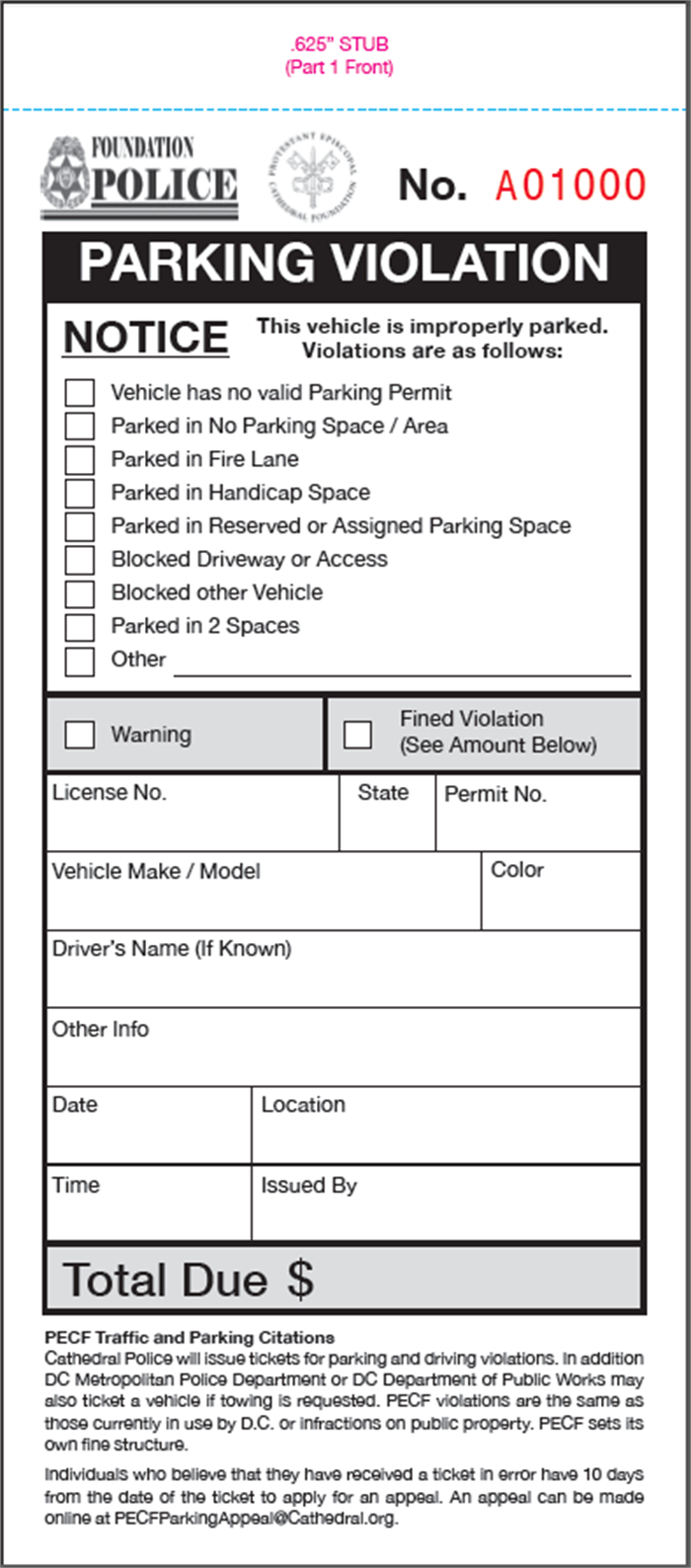 Vertical Layout 4 Part Parking Ticket with Attached Remittance Envelope - Sets of 1000