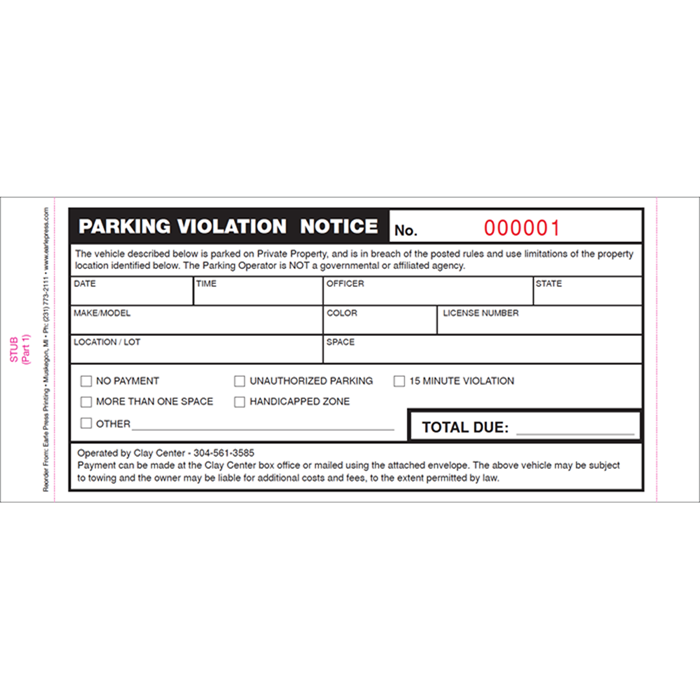 Clay Center Parking Ticket with Attached Remittance Envelope - Sets of 1000