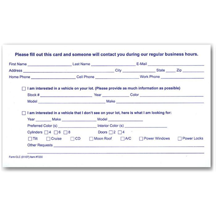Automotive Dealership Customer Lead Card