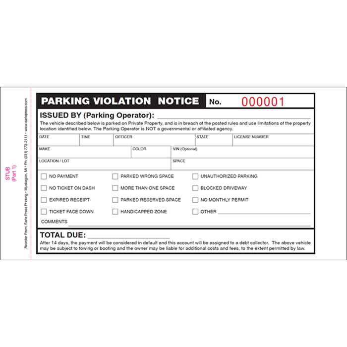 Centinel Armed Services, Inc - Parking Ticket with Attached Remittance Envelope - Sets of 1000