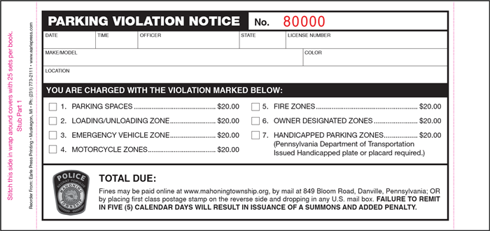 Township Police Department - 7 Violation Notice 3 Part Parking Ticket with Wrap Around Detachable Remittance Envelope, 1000 Sets