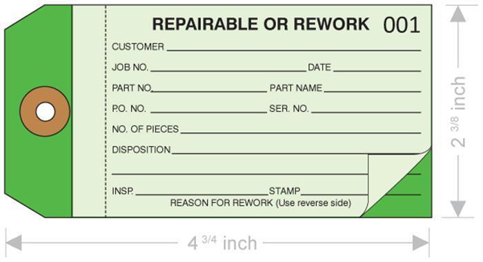 Repair or Rework Tag 2-Part, 10pt Green - Box of 500