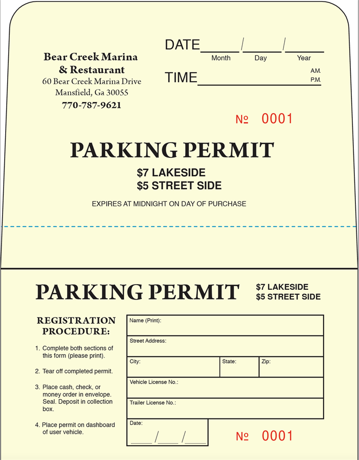 Bear Creek Marina and Restaurant - Parking Permit Collection Envelope (4.25