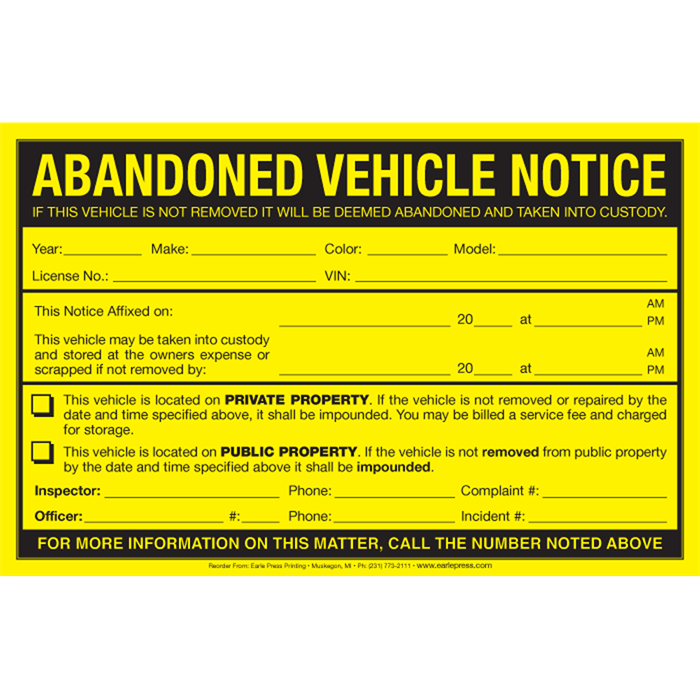 Abandoned Vehicle Notice Sticker