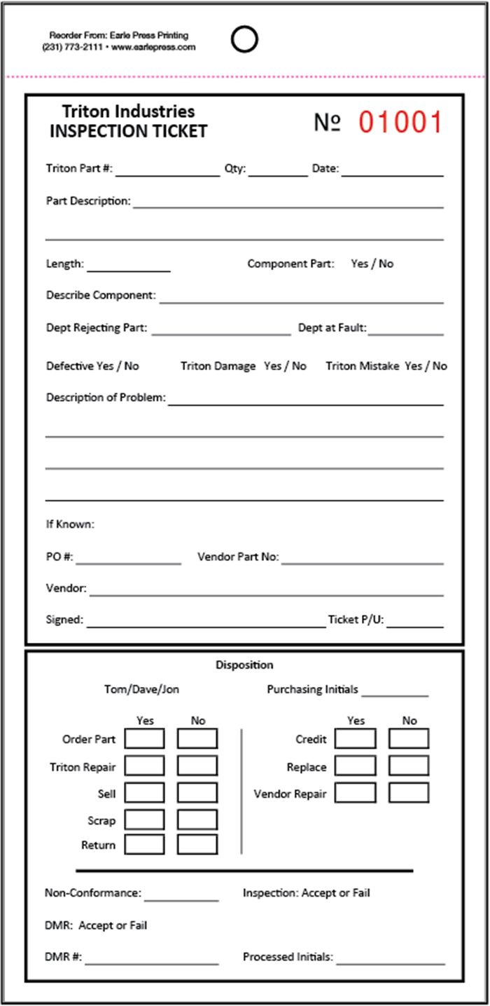 Custom Printed Inspection Ticket Tag (2-Part) - Qty of 1000