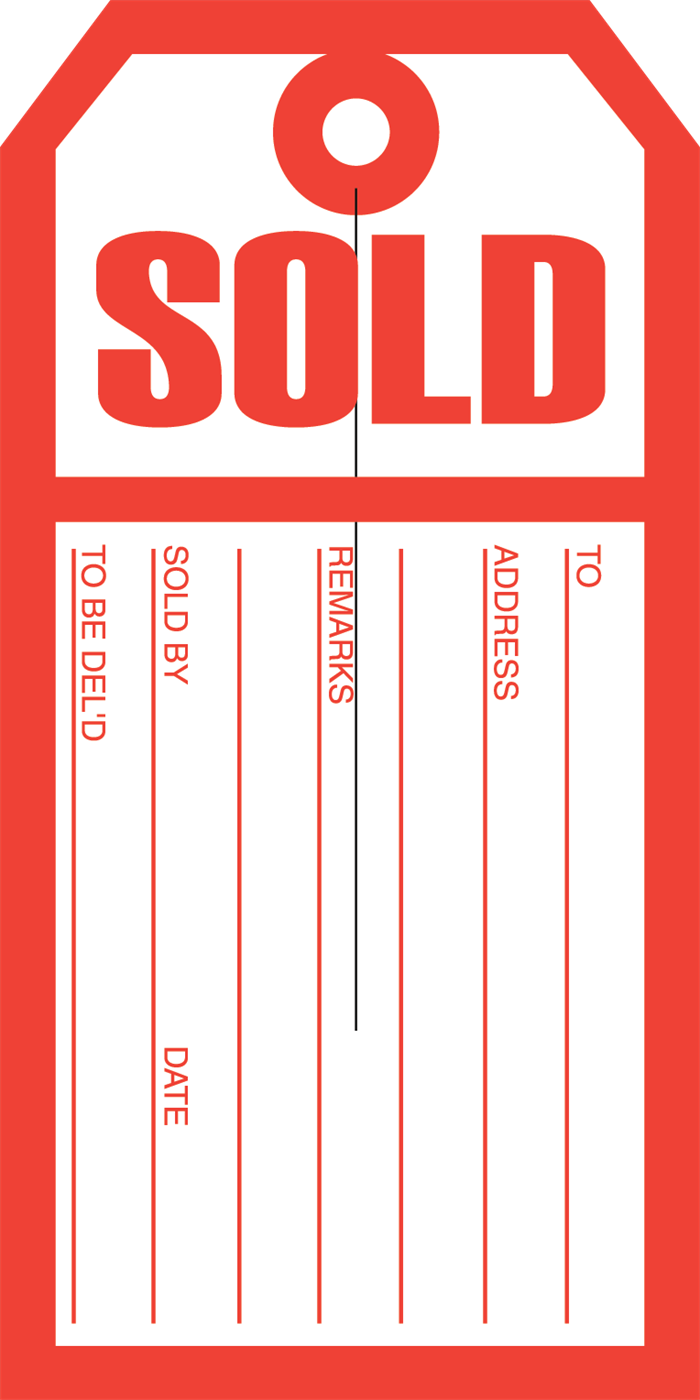 White Sold Hang Tag, Printed in Red 4 3/4