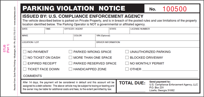 U.S. Compliance Enforcement Agency - 2 Part Parking Violation - Sets of 500