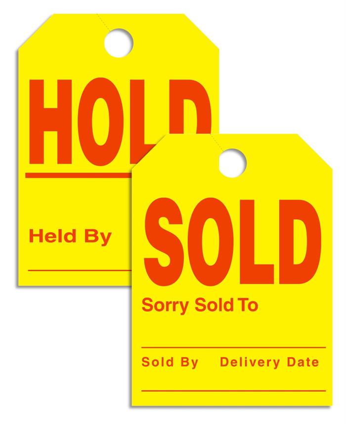 Sold or Hold (Not for Sale) - Yellow Vehicle Mirror Hang Tag - 50 Pack