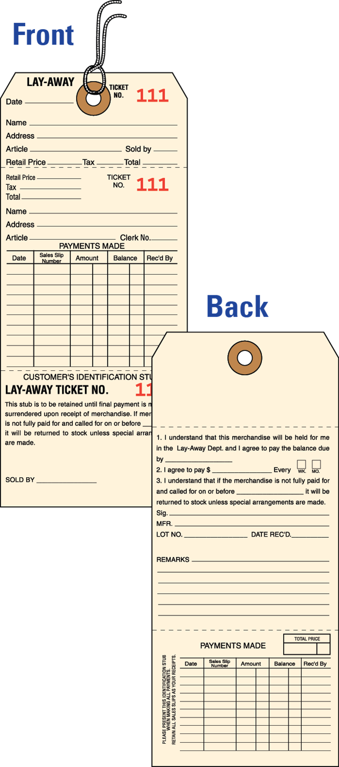 Layaway Hang Tag with Detachable Numbered Ticket