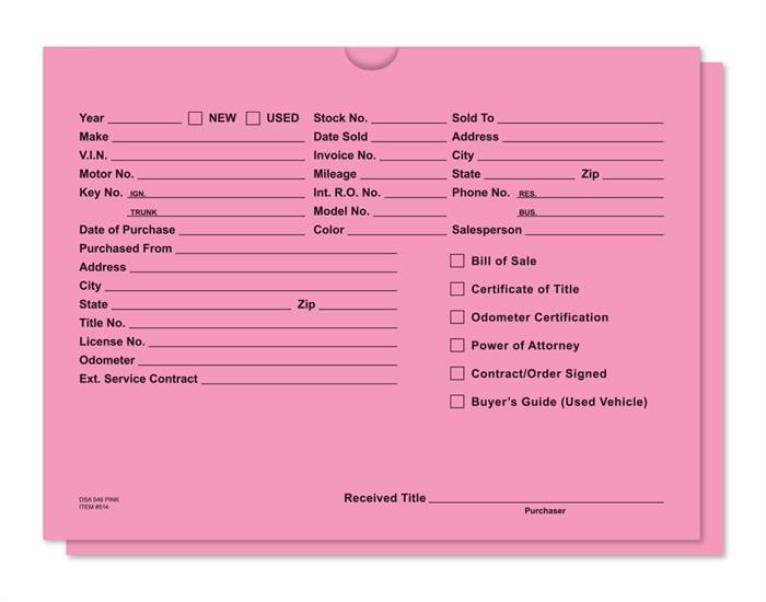 Vehicle Deal Jacket Envelopes - Pink - 100 Pack