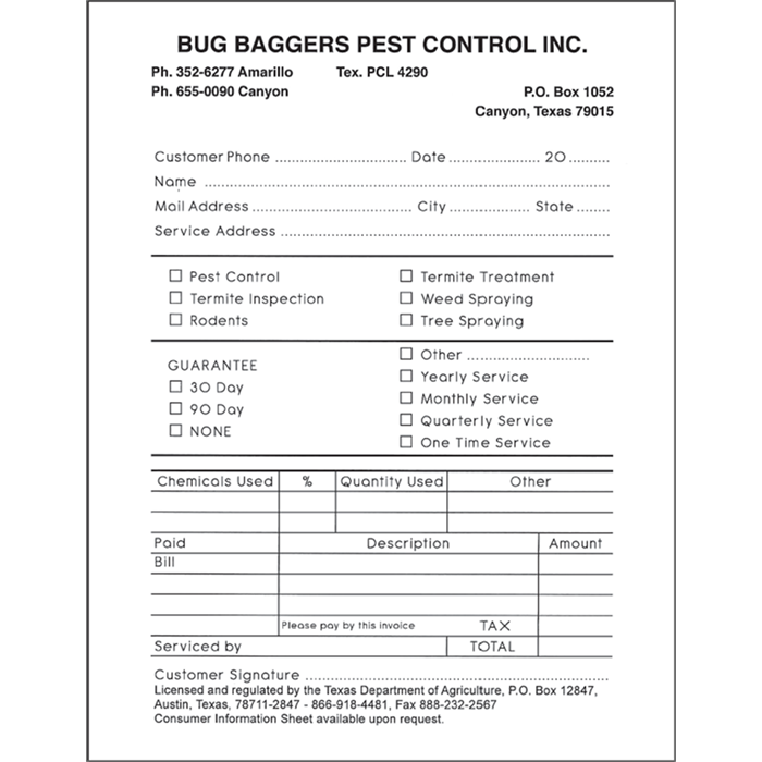 3 Part Pest Control Invoice Form