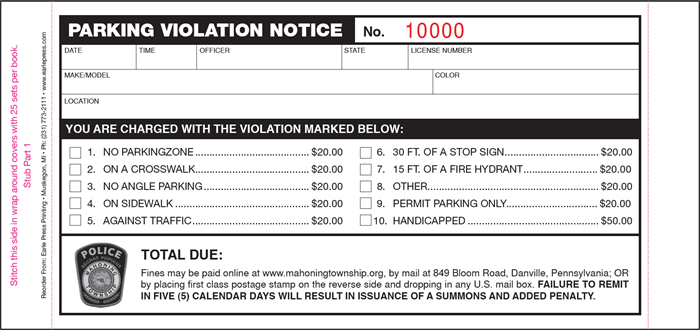  Township Police Department - 10 Violation Notice 3 Part Parking Ticket with Wrap Around Detachable Remittance Envelope, 1000 Sets